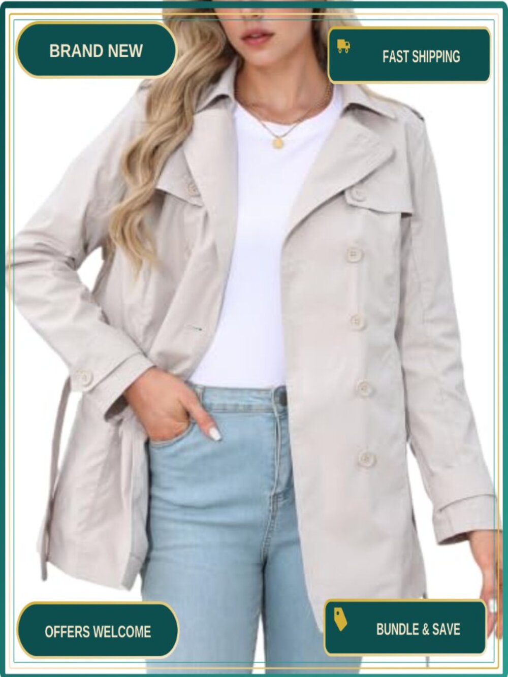 Women's Trench Coat Double-Breasted Windproof Belted Mid-Length